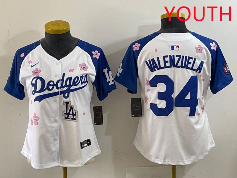 Youth Los Angeles Dodgers #34 Valenzuela White Blue Sakura Edition 2025 Nike MLB Jersey style 39